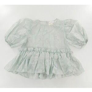 MABLE Organza Top Floral Jacquard Puff Sleeve Peplum Womens Sz Small Mint Green